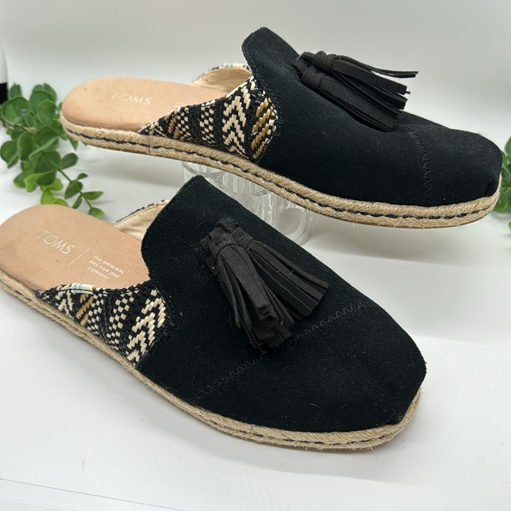 TOMS Nova Black Suede Woven Slides-size 8.5